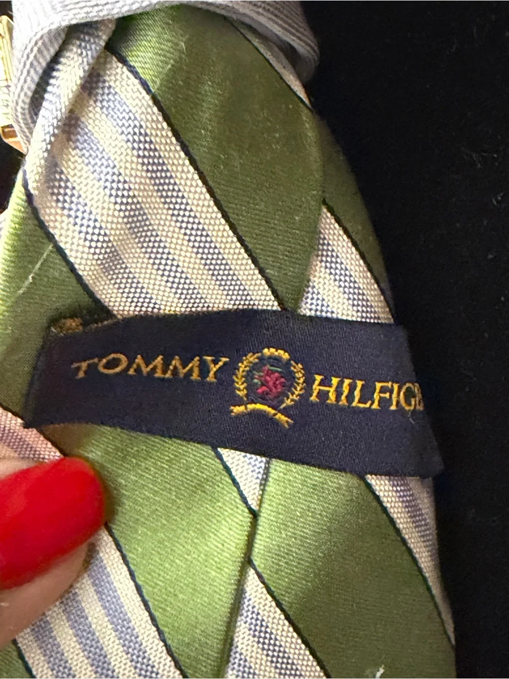 Tommy Hilfiger Green and Light Gray Striped Silk Scarf Tie Accent